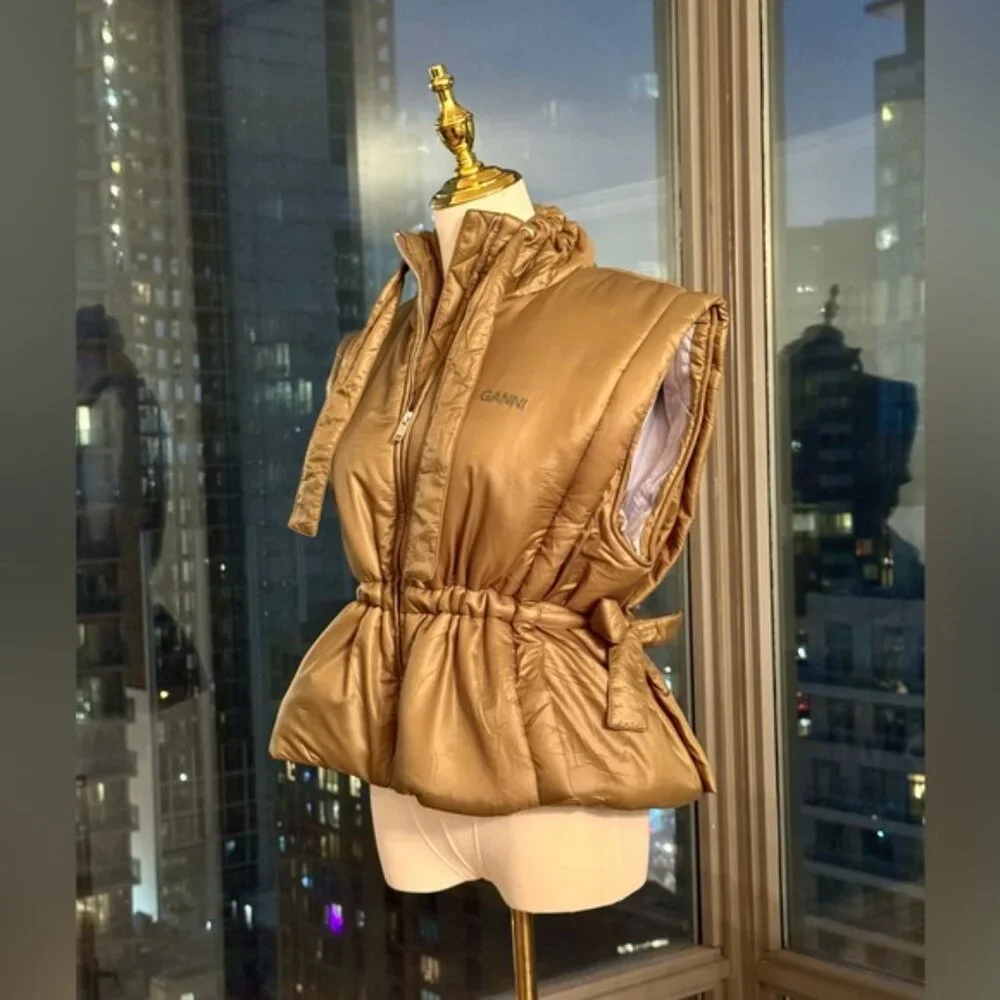 🆕 GANNI 🧿 NWOT Padded Sleeveless Jacket, Khaki Green - Sz S / M - Picture 6 of 16